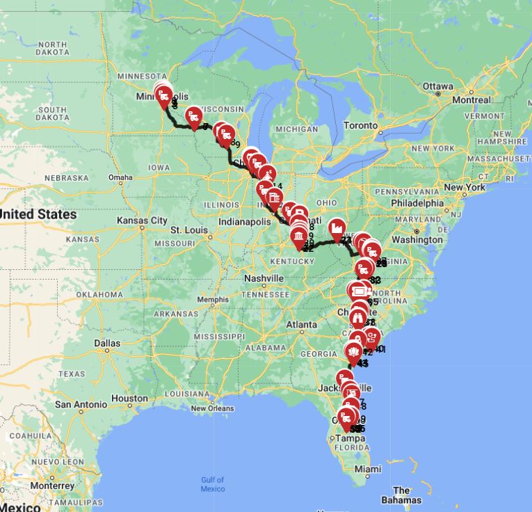 Map for Minneapolis to Orlando